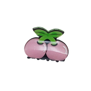 Creative pink cherry hair claw clip with green leaf and glitter finish for women