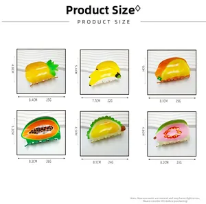 Size chart showing dimensions and weight for acrylic fruit hair claw clips in grid view