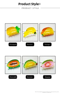 Detail showing various fruit-shaped hair claws including pineapple and orange styles