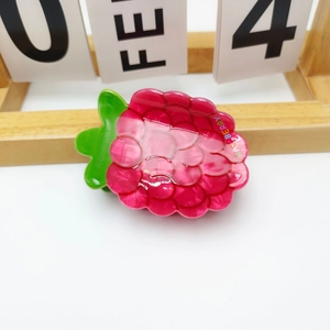 Cute raspberry fruit hair claw clip in vibrant pink resin with leaf and text detail
