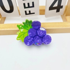 Close-up of cute purple grape hair claw clip with green leaves and rainbow text