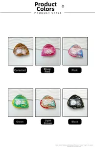 Baseball glove hair claws in six colors including pink and green on a wavy white display