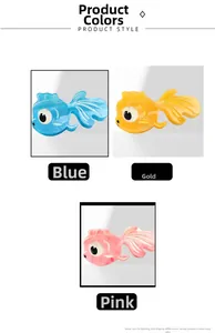 Three goldfish-shaped hair claws in blue, gold, and pink acetate marble texture