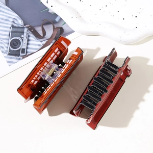 Retro deep red telephone booth hair claw clip set with square hollow texture and metal spring