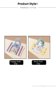 Close-up of acetate hair claws featuring cute cartoon dog and bear with fruit patterns