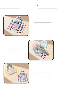 Detail view of acetate claw clips featuring cartoon bear patterns and handbag shapes