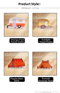 Close-up of creative acrylic RV and camping tent hair claws in various vibrant colors