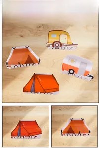 Detail view of colorful acrylic hair claws in creative tent and RV camping shapes