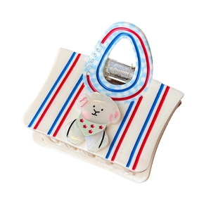 Cartoon tote bag shape hair claw clip with striped patterns and cute puppy decoration