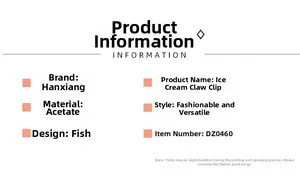 Detailed technical specifications for acetate ice cream hair claw clip and fish design