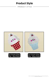 Detail view of ice cream hair clips with cherry patterns and red or blue plaid cones