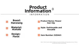 Fiche technique détaillée pour pince à cheveux fleur en acide acétique au style tendance