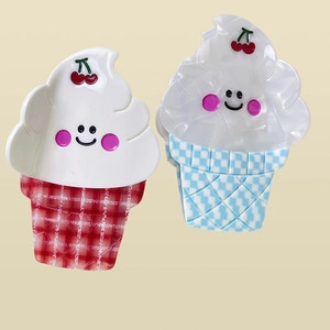 Cute ice cream hair clips with cherry decor and checkered cone pattern in acetate