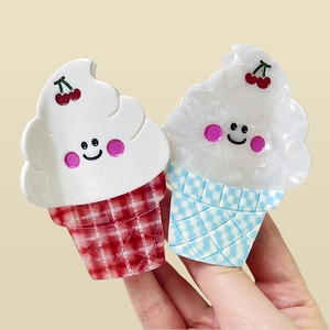 Cute plaid ice cream hair claws with cherry and smile face details on beige background