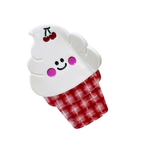 Cute ice cream cone hair claw clip with cherry decor and red plaid pattern design