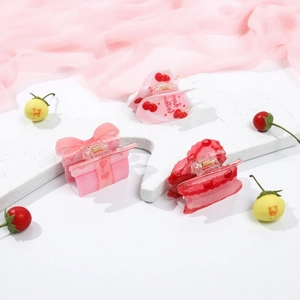 Set di mollette per capelli in acrilico rosa ciliegia con fiocco e motivi a onde