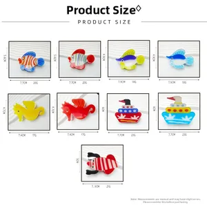 Size chart showing nine styles of ocean themed acrylic hair claws with measurements