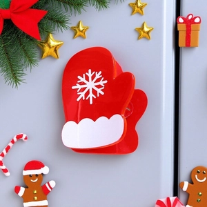 Christmas theme acrylic hair claw clip in red mitten shape with white snowflake design