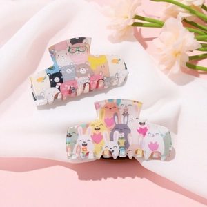 Cute cartoon bear and rabbit patterned hair claws made of glossy resin for girls