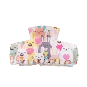 Cute cartoon rabbit print acrylic hair claw clip with colorful heart and flower patterns