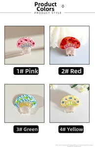 Close-up of cute mushroom hair claws in four colors with stylish mosaic textures