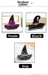 Détail des pinces à cheveux chapeau de sorcière avec strass en violet, noir et gris