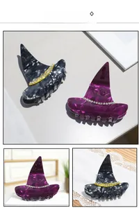 Vues détaillées des pinces à cheveux chapeau de sorcière marbré avec décor de strass brillants