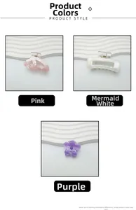 Three acetate hair clips in pink hollow, pearly white rectangular, and purple flower designs