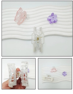 Detailed set of floral and heart hair clips in purple and pink resin textures