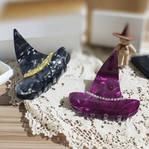 Pince à Cheveux Chapeau de Sorcière Halloween Incrustée de Strass Pince Crabe en Acrylique pour Femmes Accessoire de Cheveux
