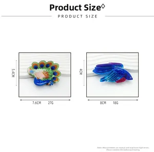 Size chart showing dimensions for peacock and fish-shaped acrylic hair claw clips