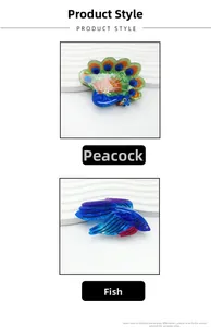 Detailed macro shot of acrylic hair clips featuring peacock and fish shaped designs
