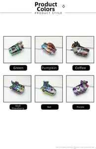 Detail grid of Halloween hair clips featuring pumpkin, skull, and bat motifs on white background