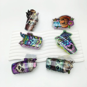 Set of 6 holographic Halloween hair clips with pumpkin, ghost, and skull drink designs