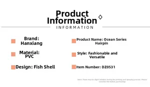 Detailed specifications for ocean series PVC hair clips featuring fish and shell designs