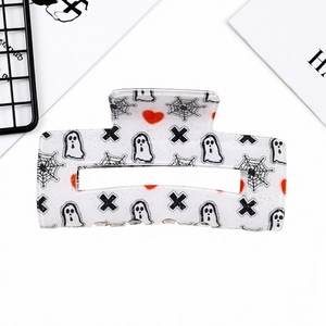 White Halloween acetate square hair claw with ghost and spider web patterns for women