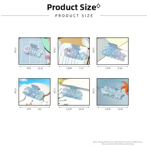 Detailed size chart for ocean series hair claws showing fish and shell dimensions