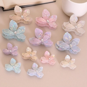 Iridescent Flower Hair Claw Clip For Women High End Acrylic Camellia Shark Clip Rhinestone Embellished Elegant Hair Accessory