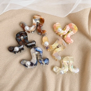Pince à Cheveux Française en Acétate Forme d'Onde Avec Fausse Künstliche Perle Marbrée Écaille de Tortue Petite Pince pour Femme Accessoires