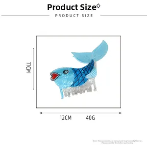 Detailed size specifications for blue fish-shaped acetate claw clip showing 11cm and 12cm dimensions