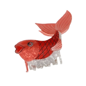 Elegant fish-shaped hair claw clip in red and pearl white acetate with fish scale patterns