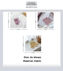 Detailed dimensions of jelly color rabbit, plaid, and flower fabric hair clips