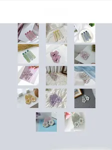 Detail view of various acrylic hair clips with patterns like plaid and floral prints