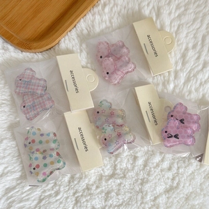 Jelly colored bunny hair clips with bow tie and plaid patterns for girls in a two-piece set