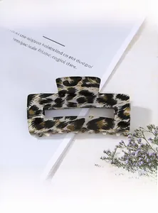 Macro shot of a rectangular leopard print hair claw with a hollow square design
