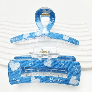 Lot de pinces à cheveux en acrylique motif denim avec cœurs blancs et lettres