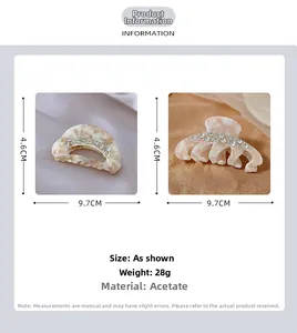 Detailed view of cream marble hair claw clip with rhinestones and size specifications