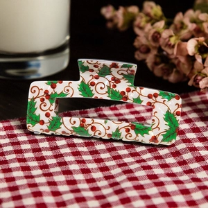 Pince à cheveux rectangulaire de Noël avec motif de feuilles de houx et baies