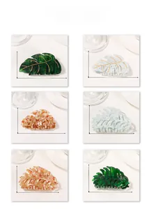 Detailed size specifications for leaf-shaped hair clips in six vibrant marbled colors