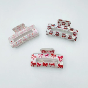 Sweet Mermaid Pearlescent Hair Claw Clip Bow Cherry Heart Printed Rectangular Hair Clamp French Vintage Hair Accessories Women